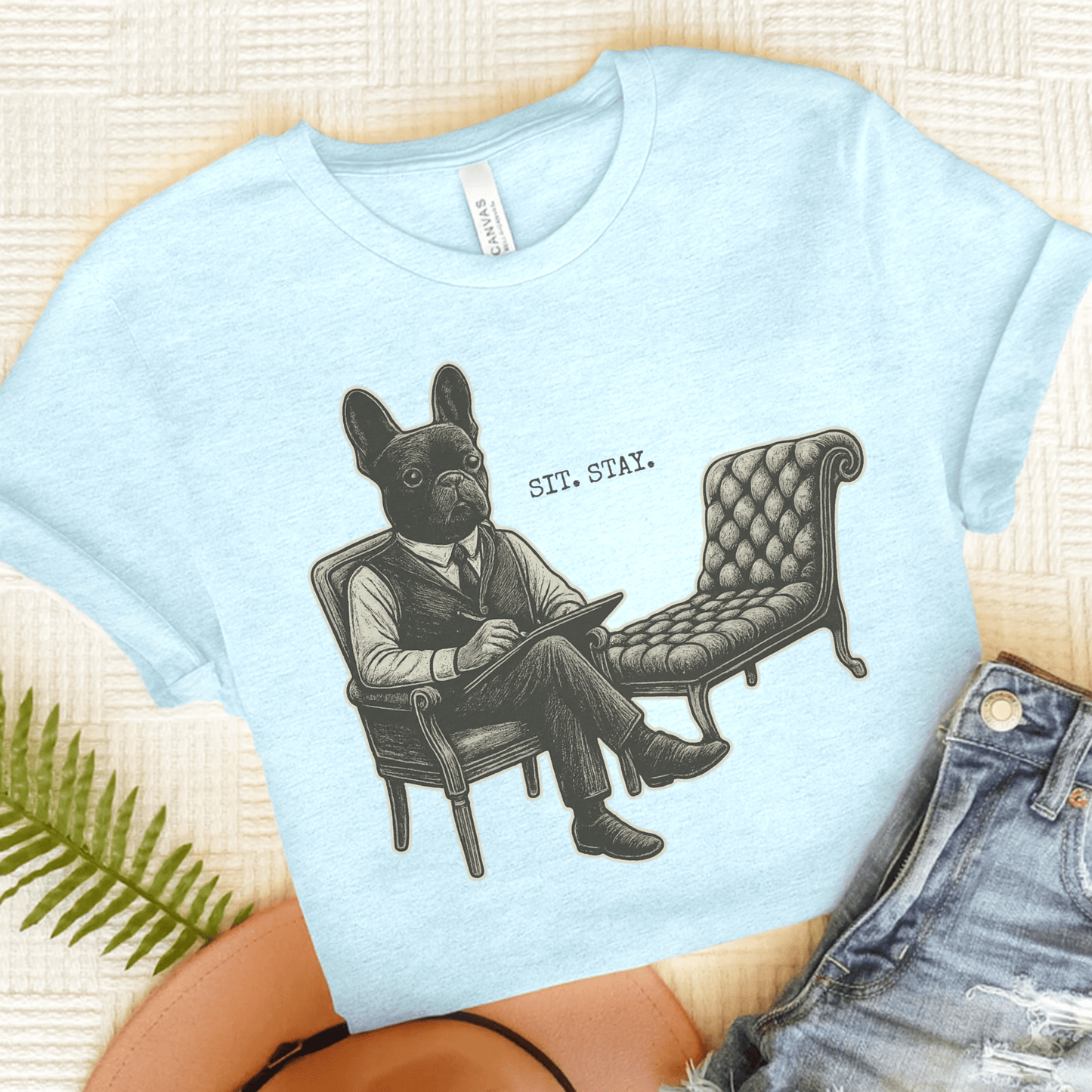 Printify T-Shirt Heather Ice Blue / S Black French Bulldog Sit Stay TShirt
