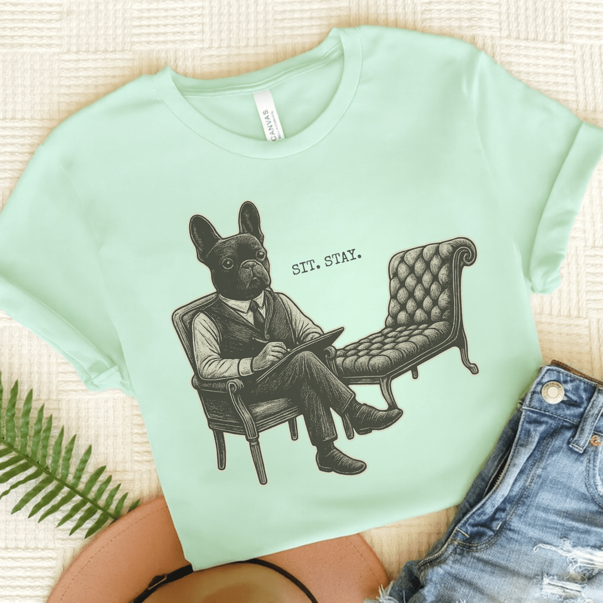 Printify T-Shirt Heather Mint / S Black French Bulldog Sit Stay TShirt