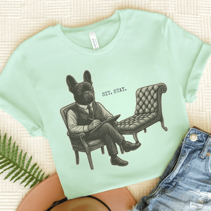 Printify T-Shirt Heather Mint / S Black French Bulldog Sit Stay TShirt