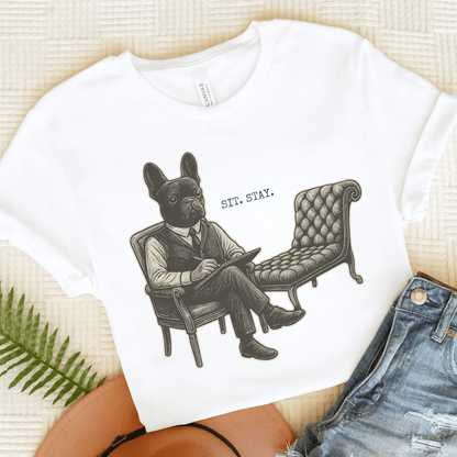 Printify T-Shirt White / S Black French Bulldog Sit Stay TShirt
