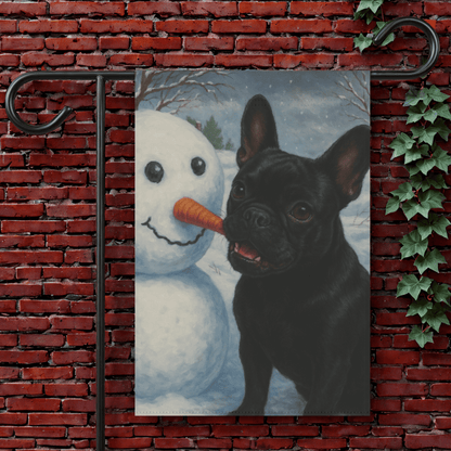 Black French Bulldog Snowman Garden Flag 12'' × 18''