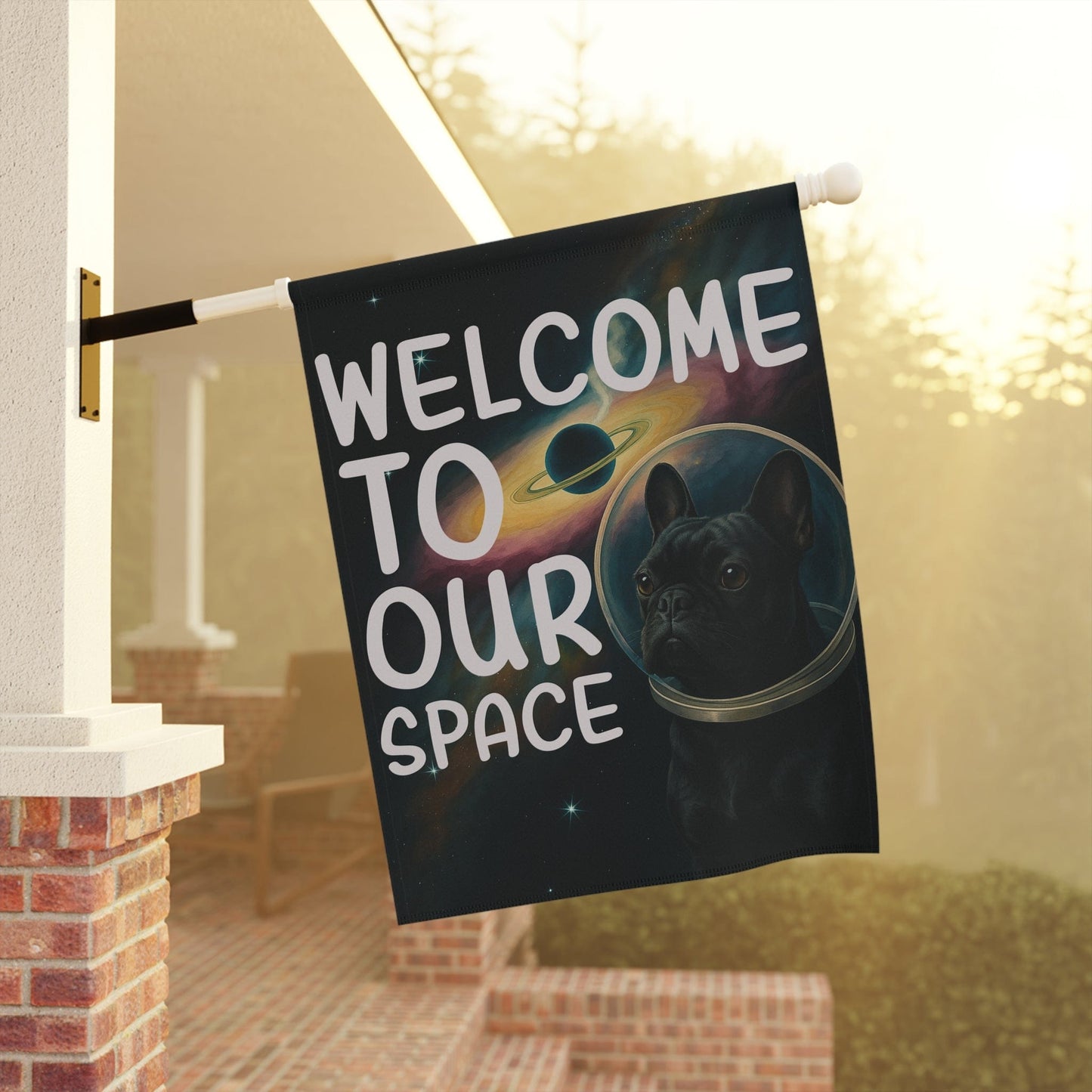 Black French Bulldog Space Garden Flag