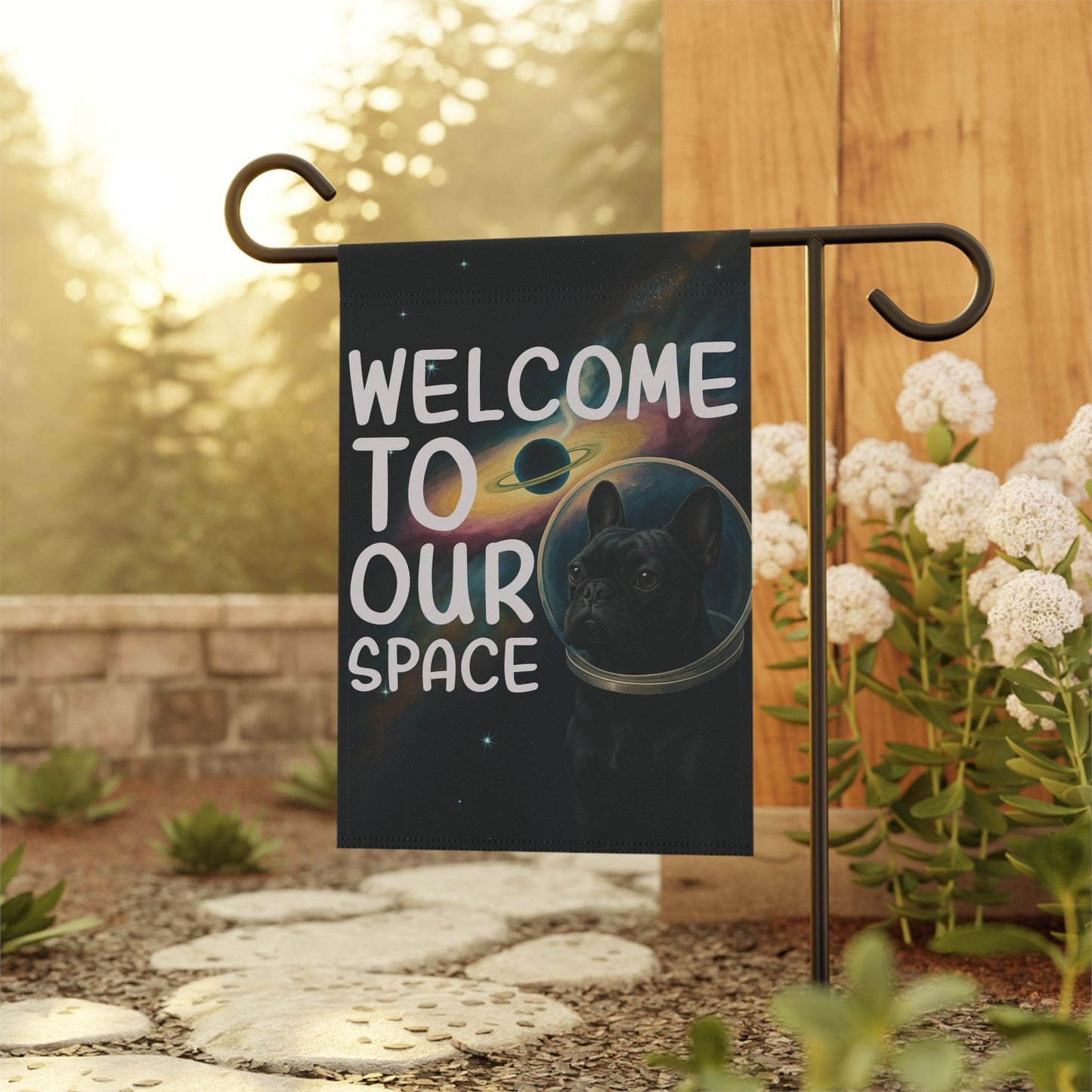Black French Bulldog Space Garden Flag