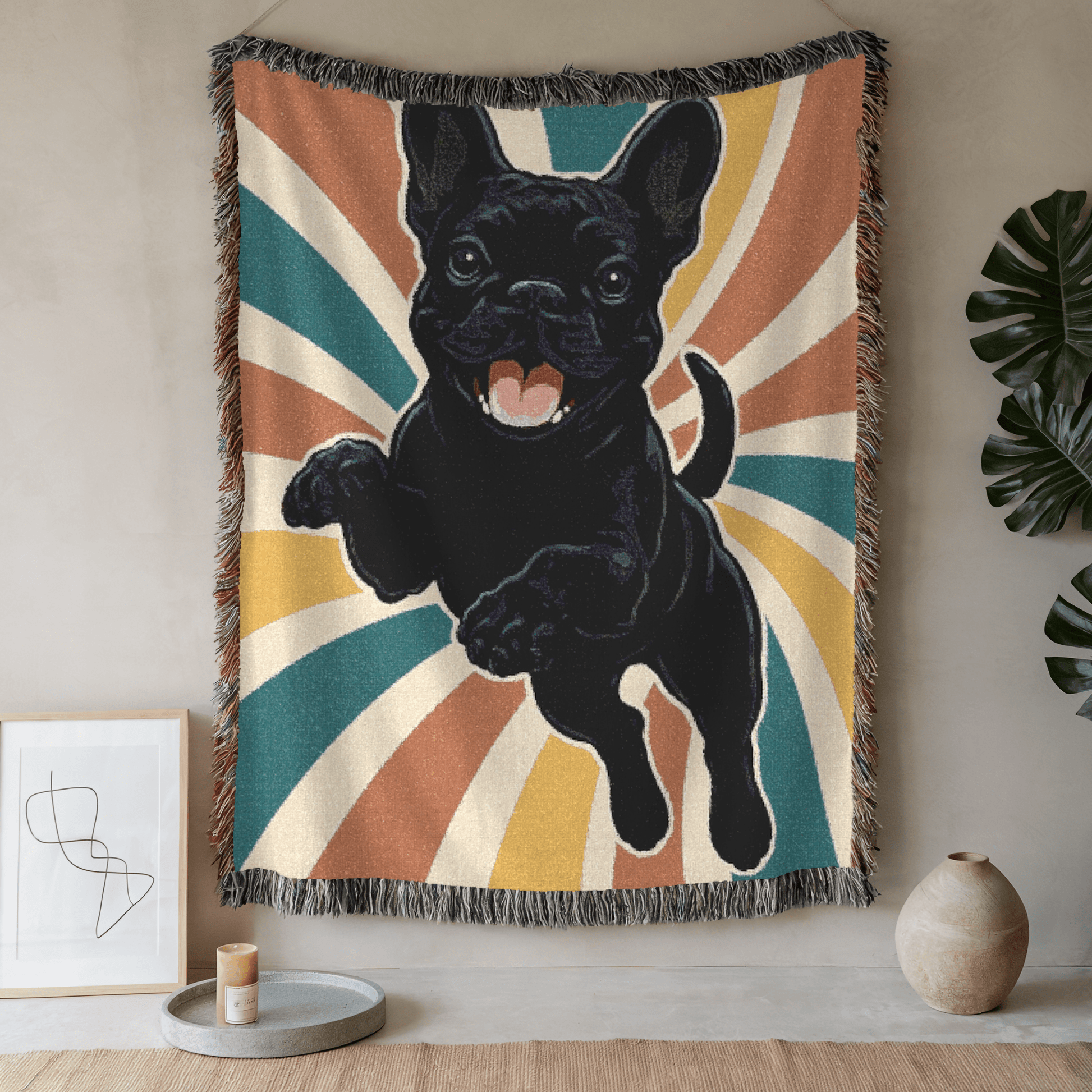 Printify Blanket 52'' × 37'' Black French Bulldog Swirls Throw Blanket