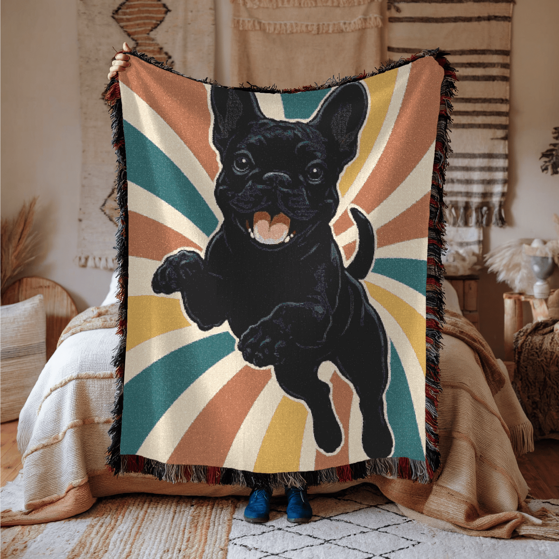Printify Blanket Black French Bulldog Swirls Throw Blanket