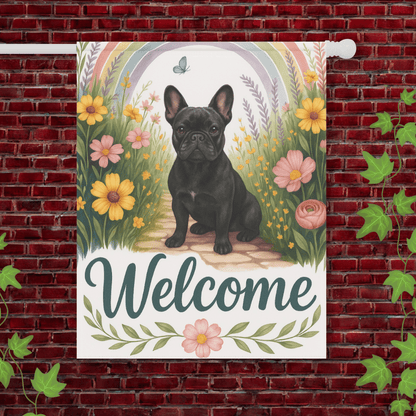 Printify Garden Flag 24.5'' × 32'' Black French Bulldog Welcome Garden Flag