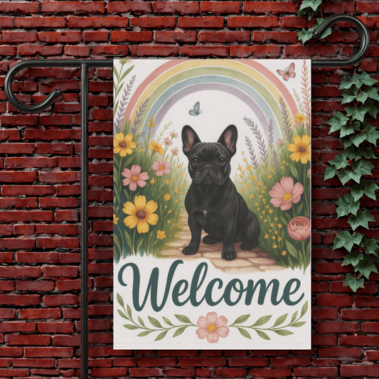 Printify Garden Flag 12'' × 18'' Black French Bulldog Welcome Garden Flag