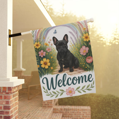 Printify Garden Flag Black French Bulldog Welcome Garden Flag
