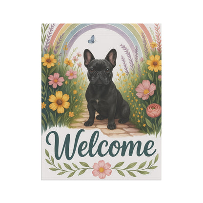 Printify Garden Flag Black French Bulldog Welcome Garden Flag