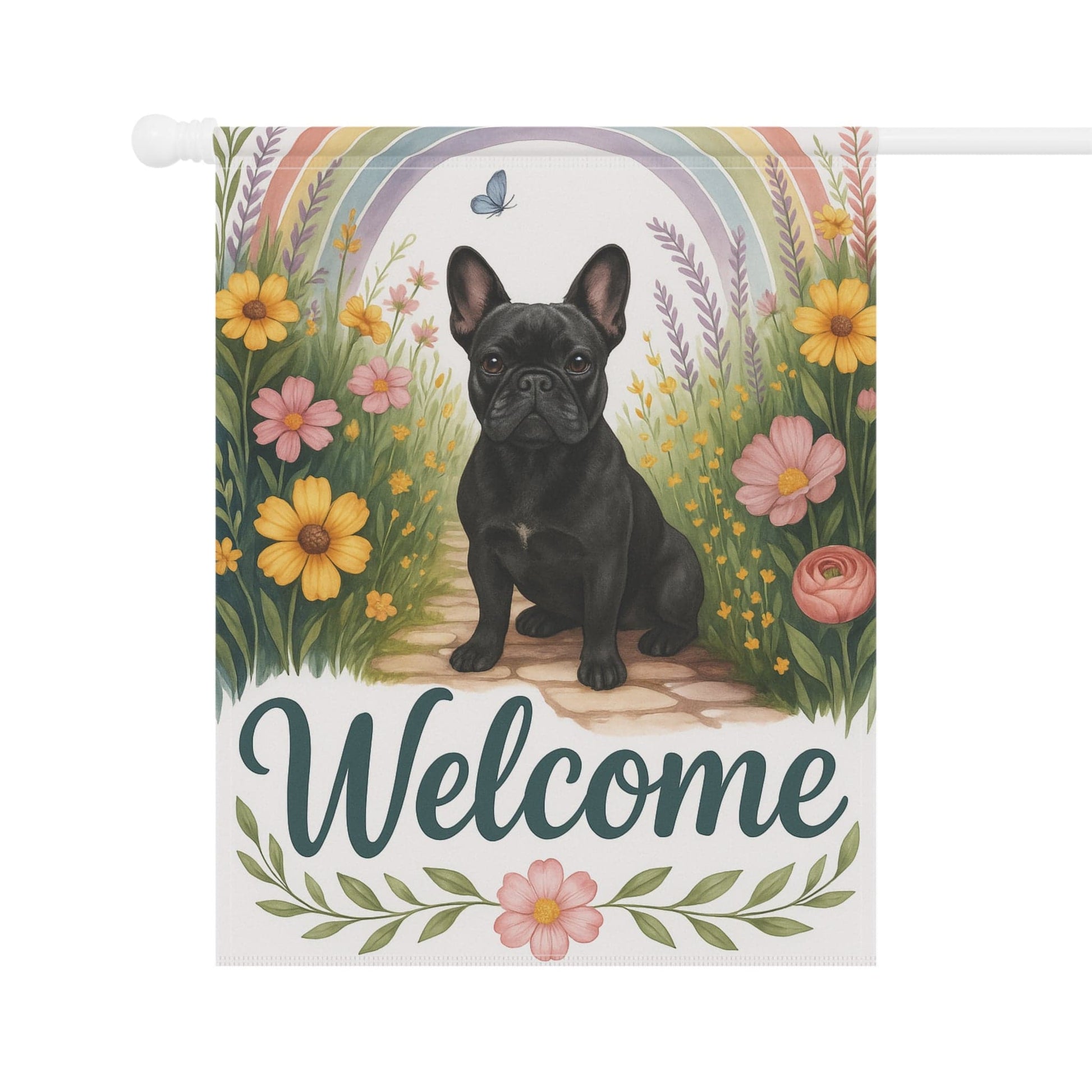 Printify Garden Flag Black French Bulldog Welcome Garden Flag