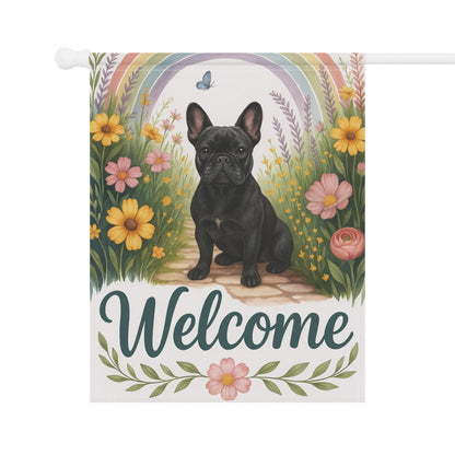 Printify Garden Flag Black French Bulldog Welcome Garden Flag
