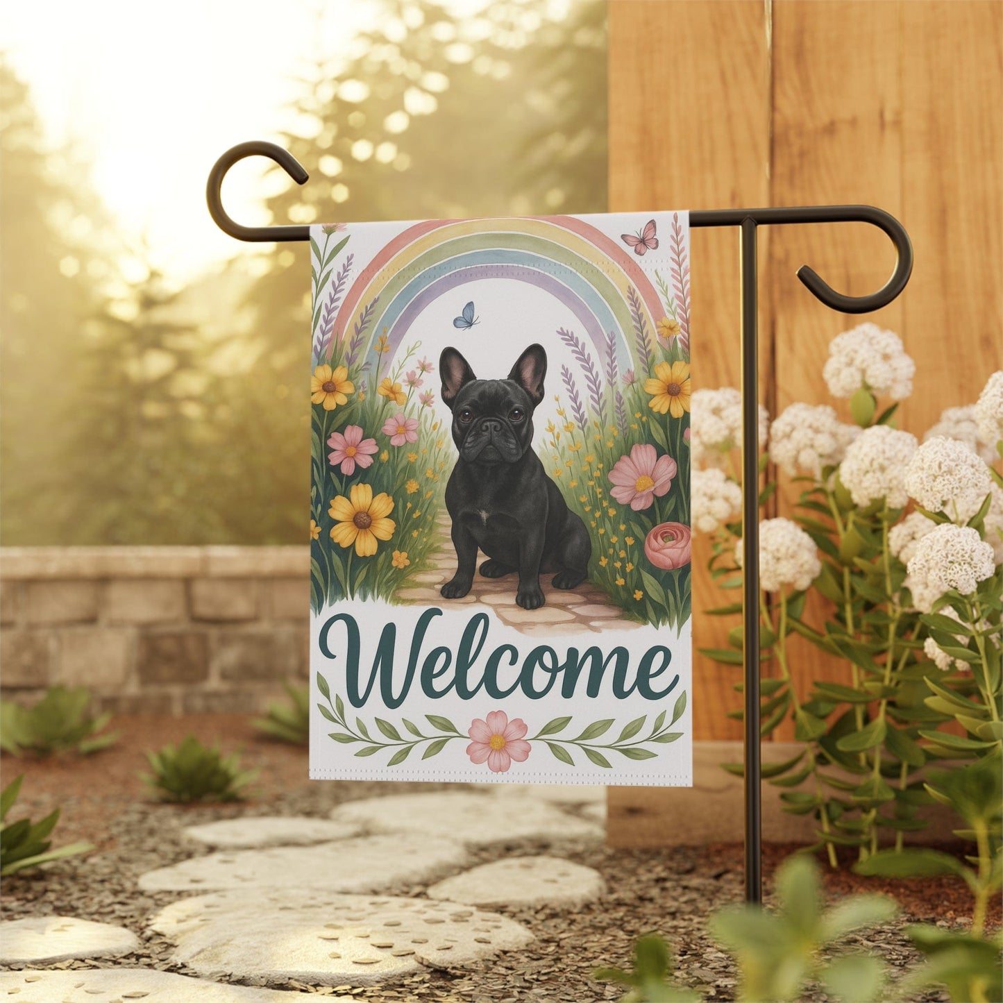 Printify Garden Flag Black French Bulldog Welcome Garden Flag