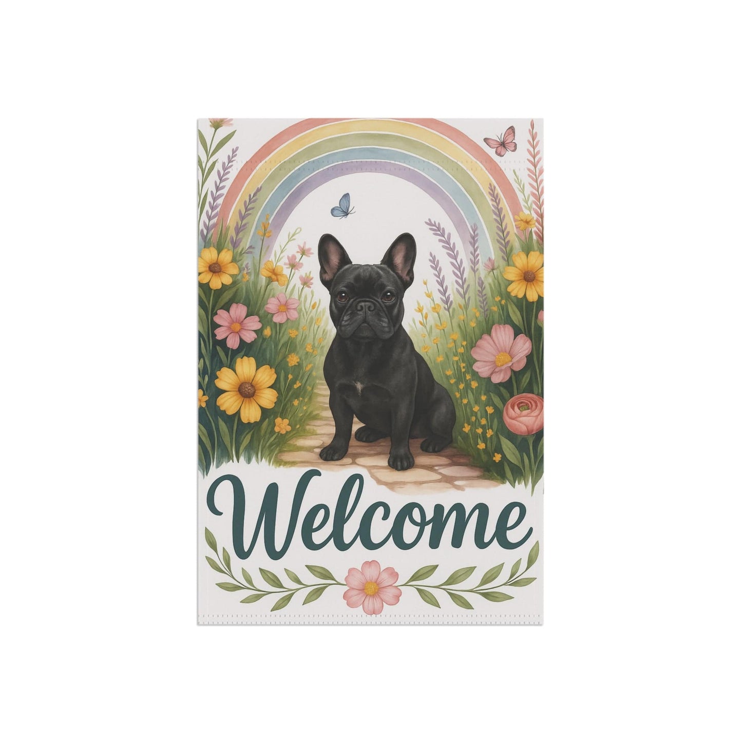 Printify Garden Flag Black French Bulldog Welcome Garden Flag