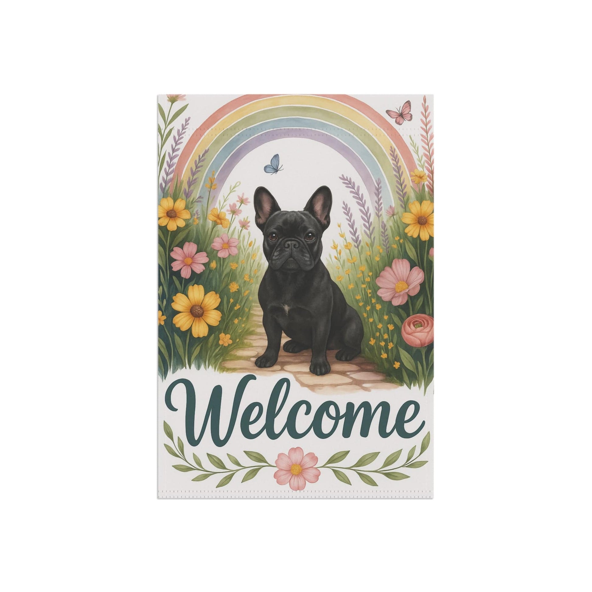 Printify Garden Flag Black French Bulldog Welcome Garden Flag