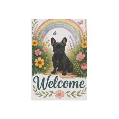 Printify Garden Flag Black French Bulldog Welcome Garden Flag