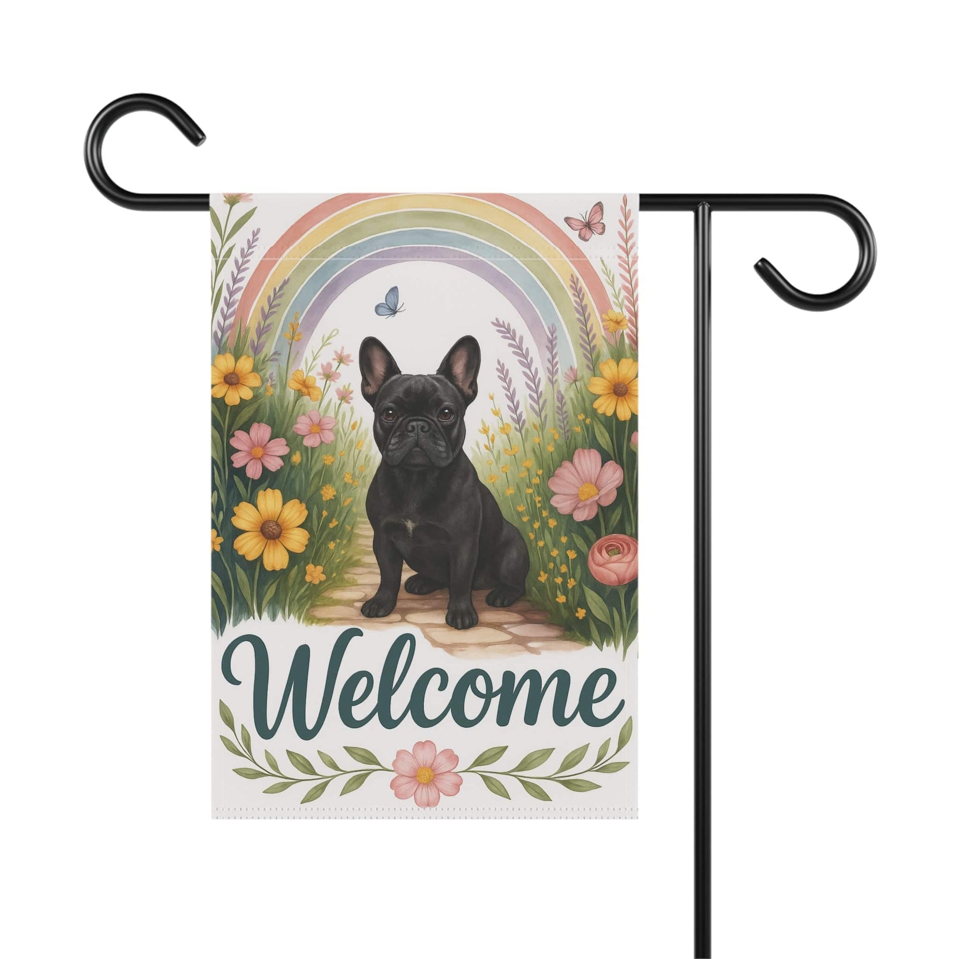 Printify Garden Flag Black French Bulldog Welcome Garden Flag