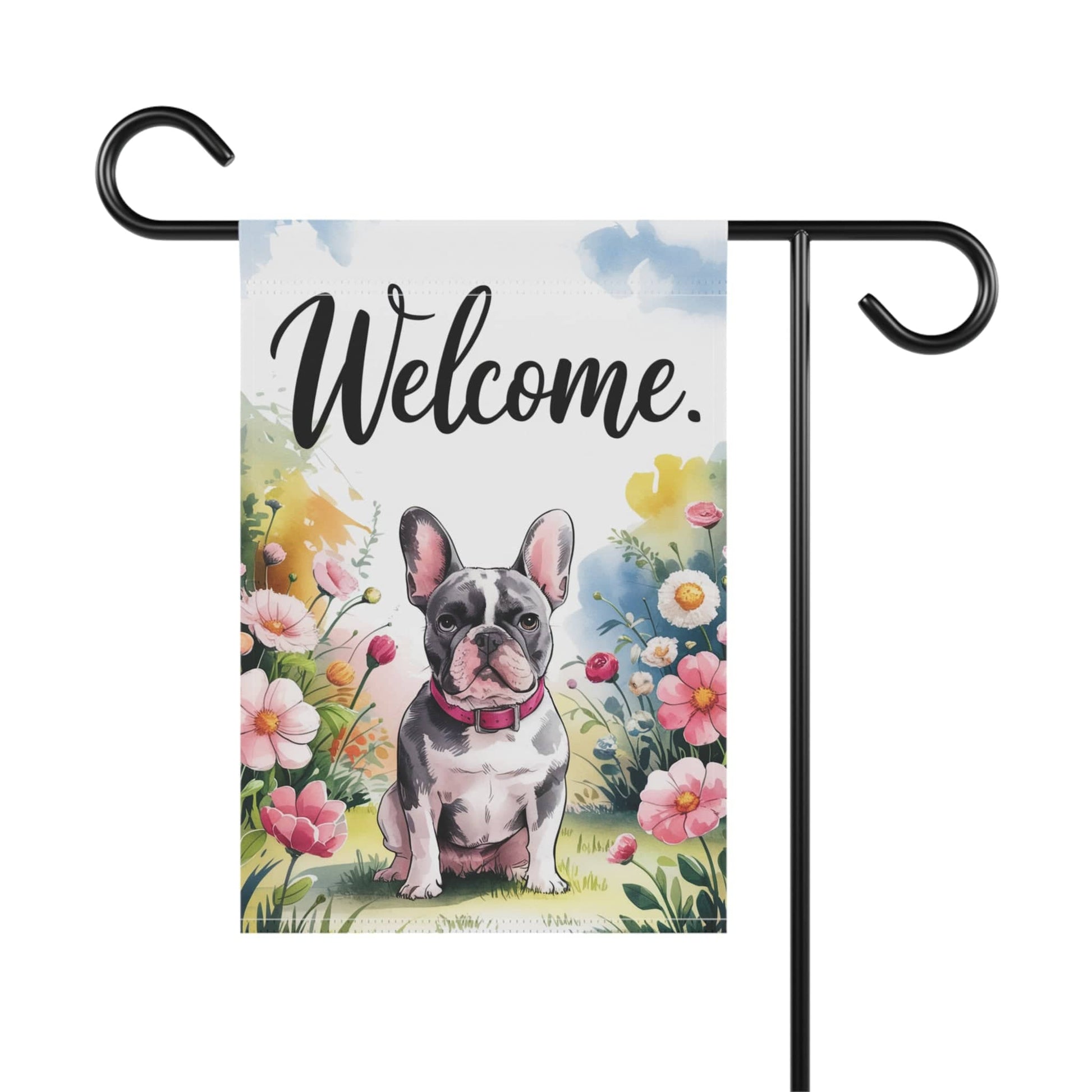 Printify Home Decor Black French Bulldog Welcome Yard Flag, Home Decorative Garden, Dog Lover Spring Outdoor, Frenchie