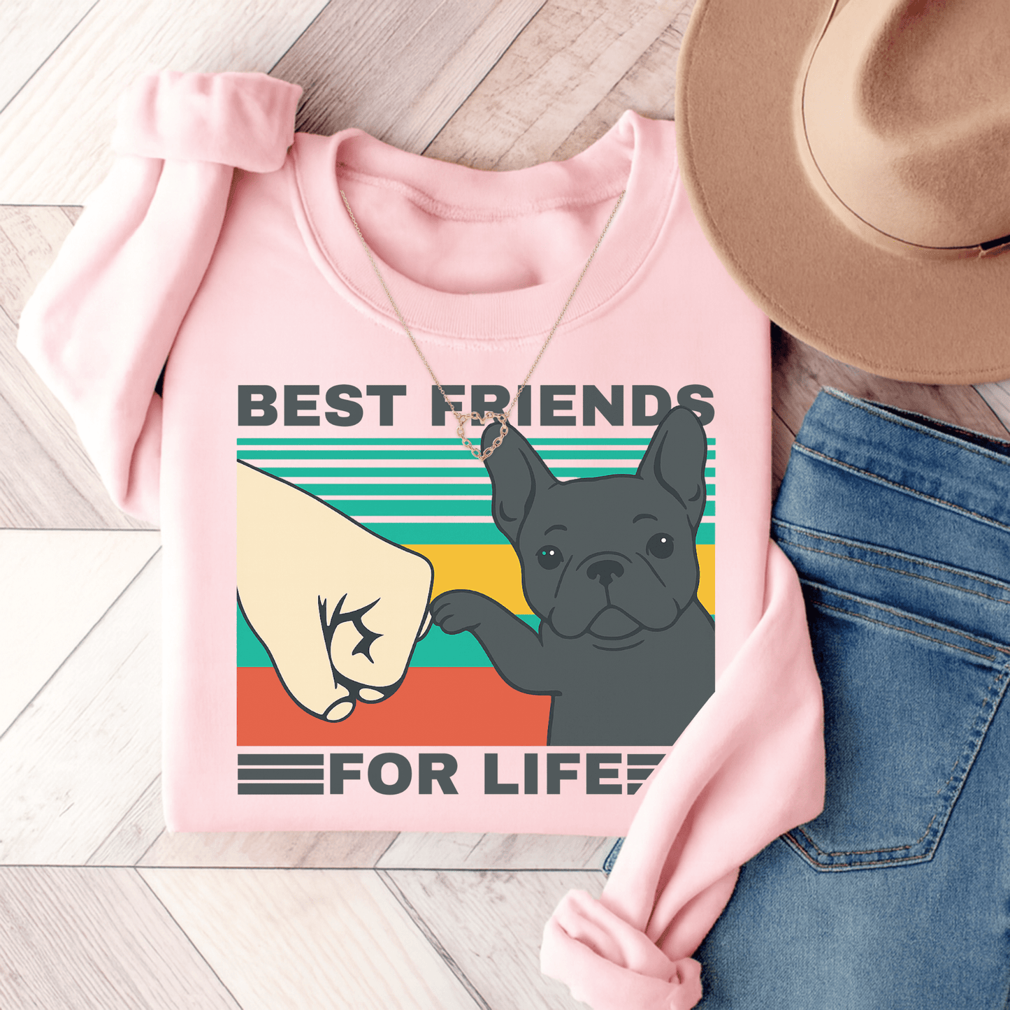 Black Frenchie Besties Sweatshirt Light Pink