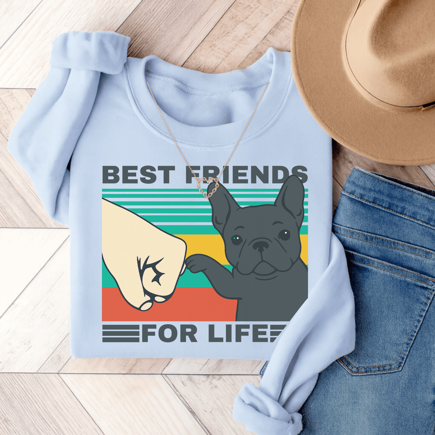 Black Frenchie Besties Sweatshirt Light Blue