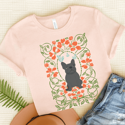 Black Frenchie Butterflies Frame TShirt Soft Pink
