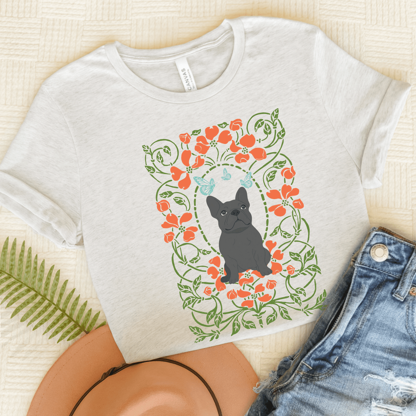 Black Frenchie Butterflies Frame TShirt Ash