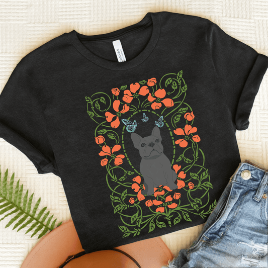 Black Frenchie Butterflies Frame TShirt Dark Grey Heather