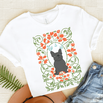 Black Frenchie Butterflies Frame TShirt White