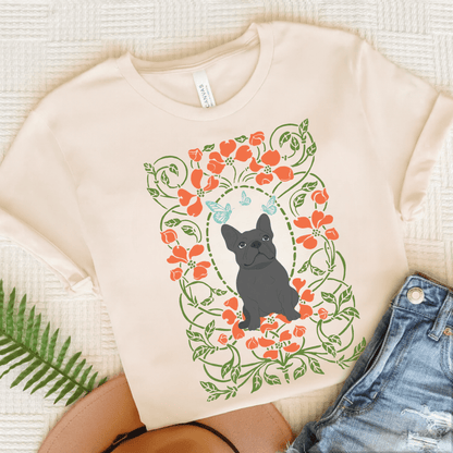 Black Frenchie Butterflies Frame TShirt Natural
