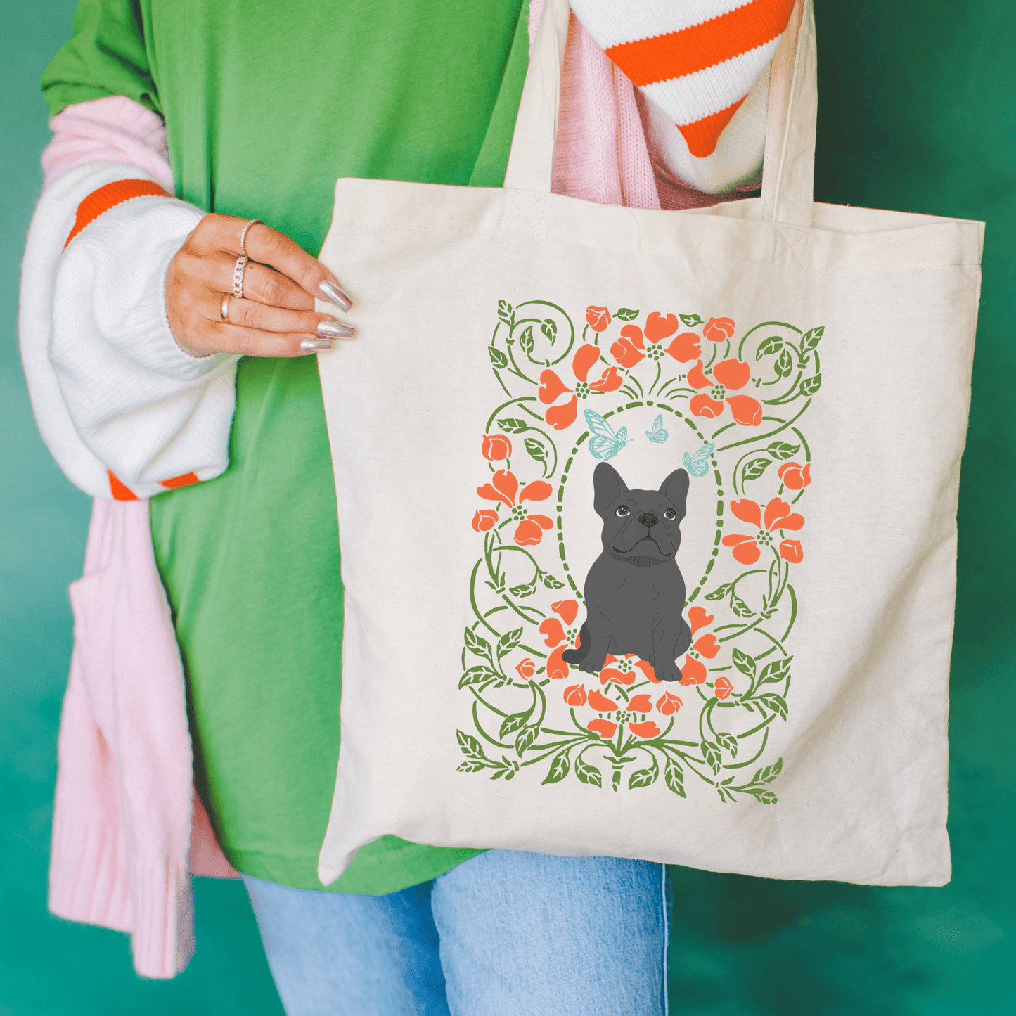 Black Frenchie Butterfly Frame Tote Bag Natural 15" x 16"