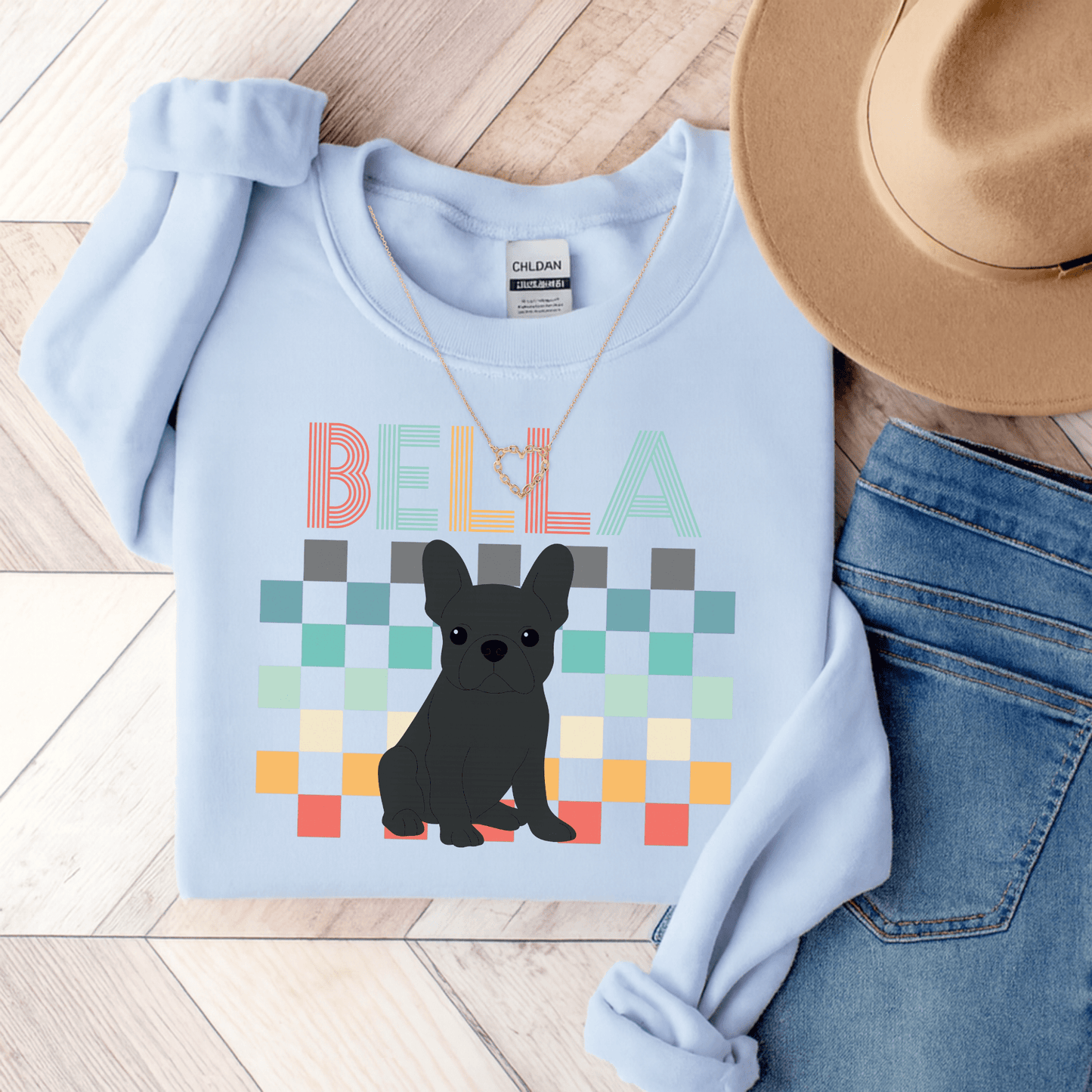 Black Frenchie Checkered Sweatshirt Light Blue