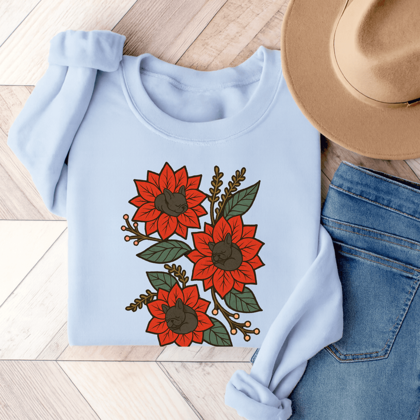 Black Frenchie Christmas Flower Sweatshirt Light Blue