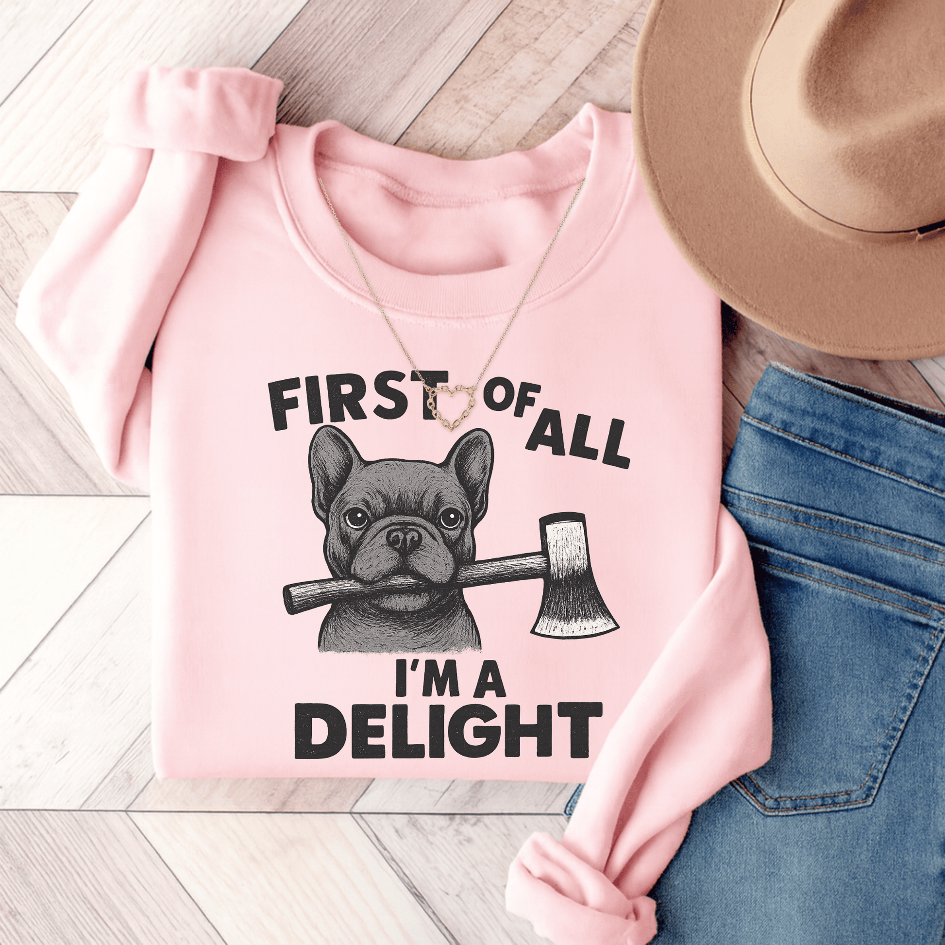 Black Frenchie Delight Sweatshirt Light Pink