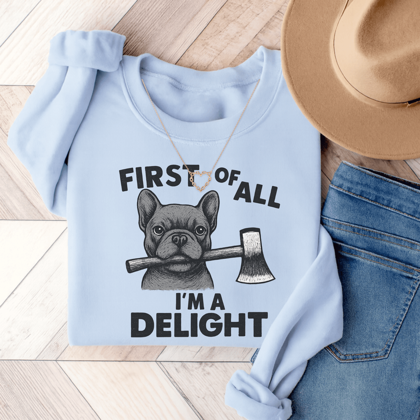 Black Frenchie Delight Sweatshirt Light Blue