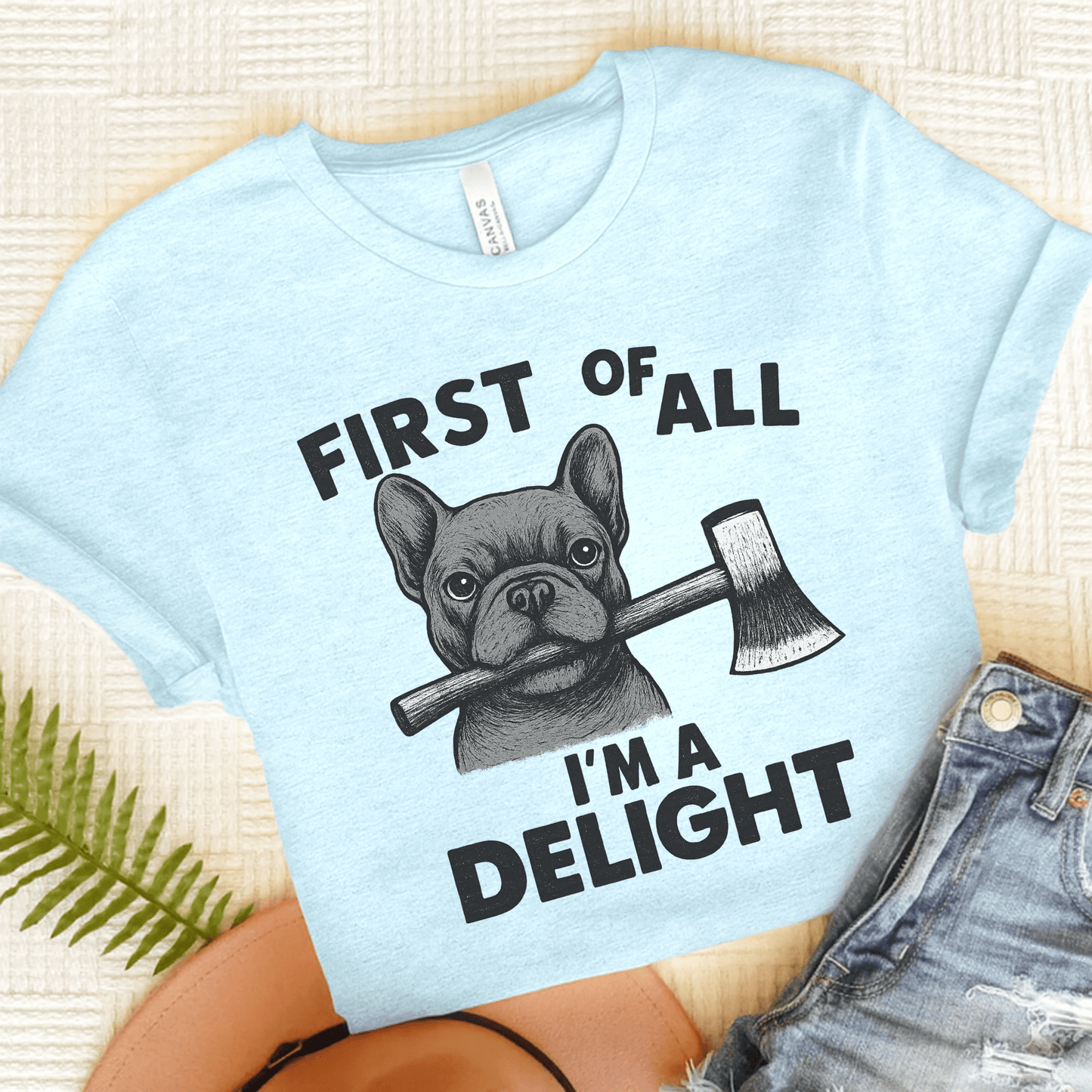 Black Frenchie Delight TShirt Heather Ice Blue