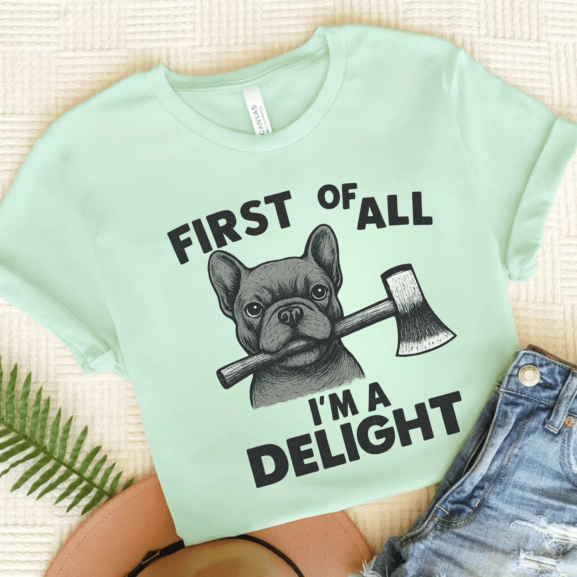 Black Frenchie Delight TShirt Heather Mint