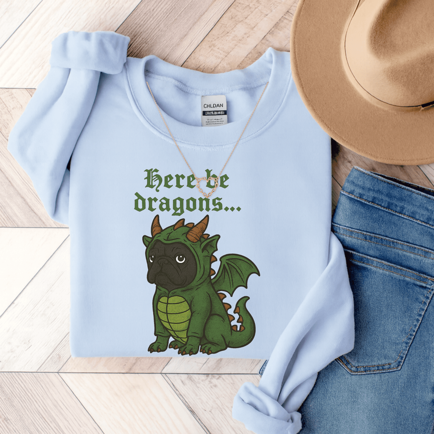 Black Frenchie Dragons Sweatshirt Light Blue