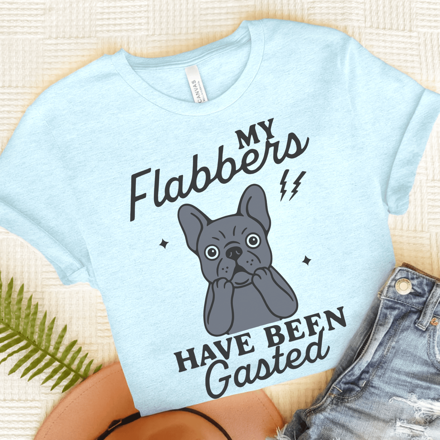 Black Frenchie Flabbergasted Tshirt Heather Ice Blue