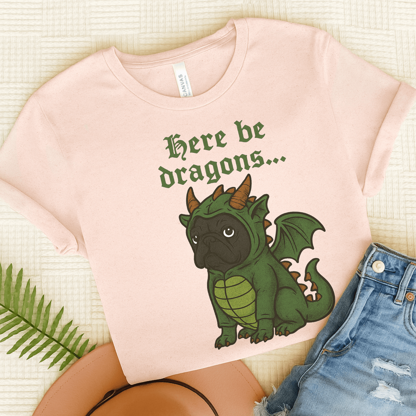Black Frenchie Here Be Dragons TShirt Soft Pink