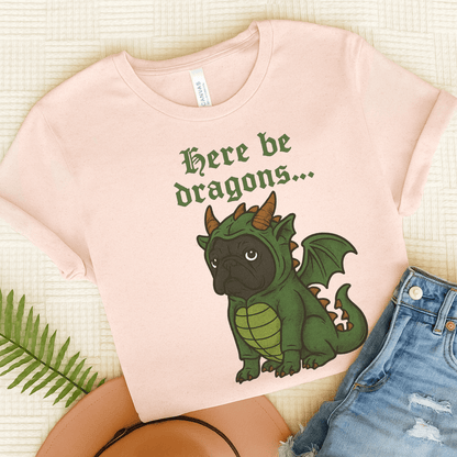 Black Frenchie Here Be Dragons TShirt Soft Pink
