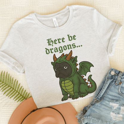 Black Frenchie Here Be Dragons TShirt Ash