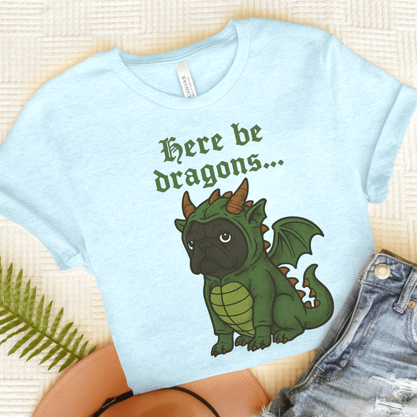 Black Frenchie Here Be Dragons TShirt Heather Ice Blue