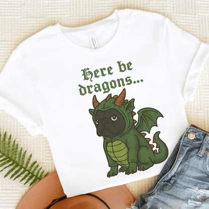 Black Frenchie Here Be Dragons TShirt White