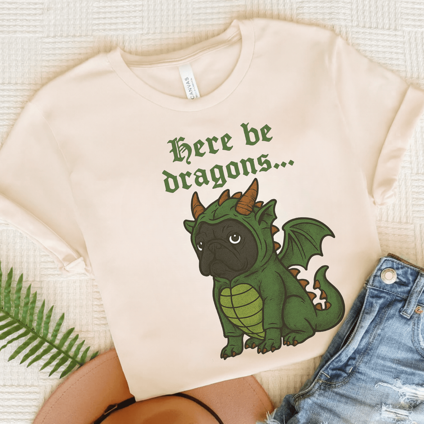 Black Frenchie Here Be Dragons TShirt Natural