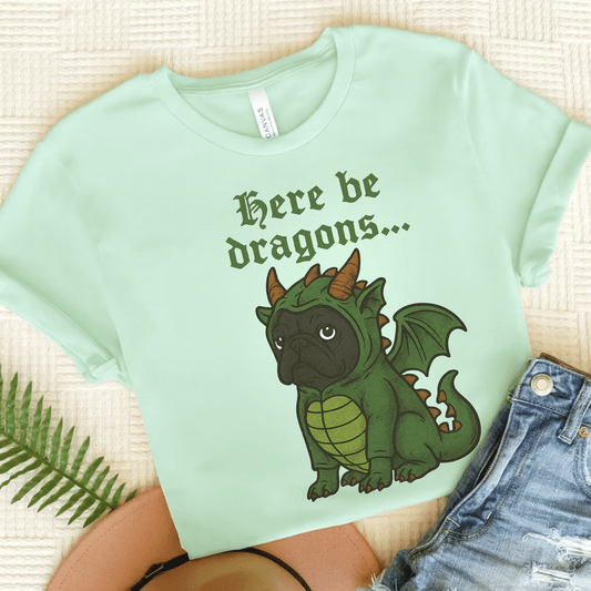 Black Frenchie Here Be Dragons TShirt Heather Mint