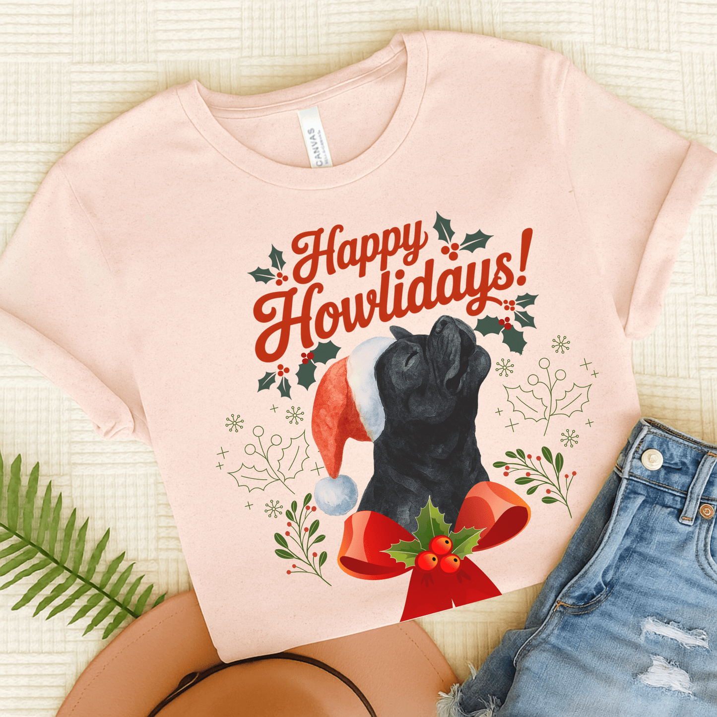 Black Frenchie Howlidays TShirt Soft Pink