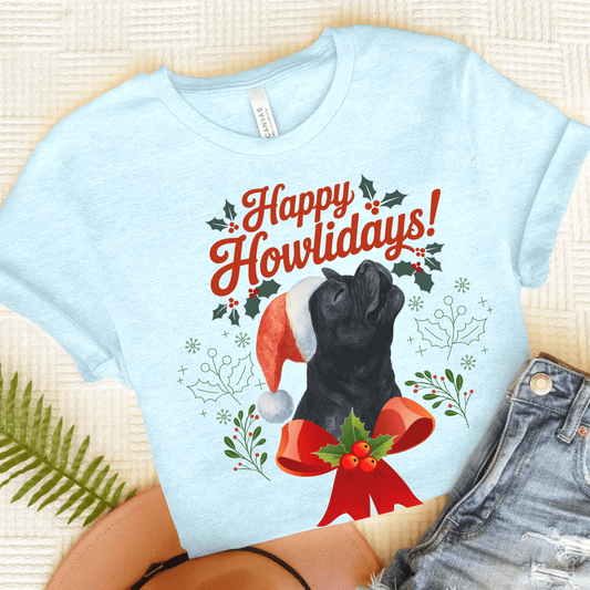 Black Frenchie Howlidays TShirt Heather Ice Blue