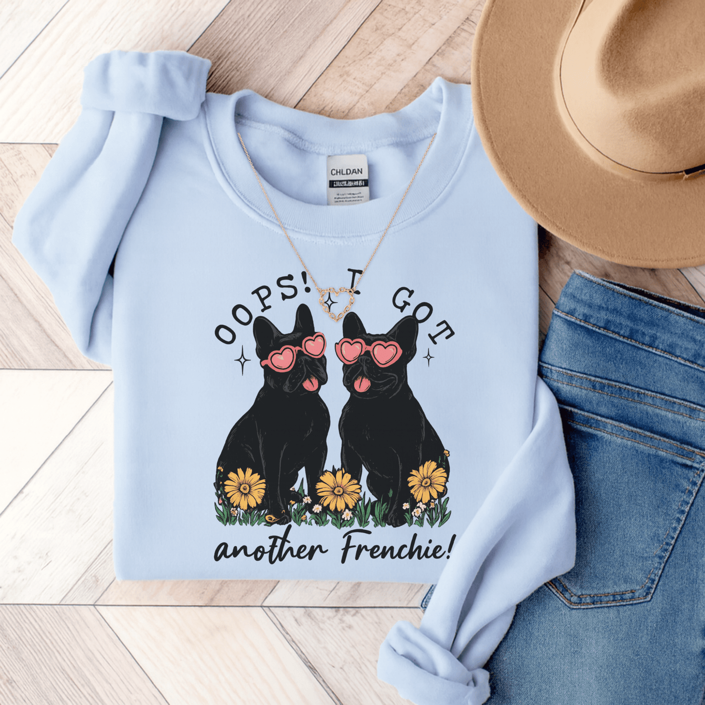 Black Frenchie Oops Sweatshirt Light Blue