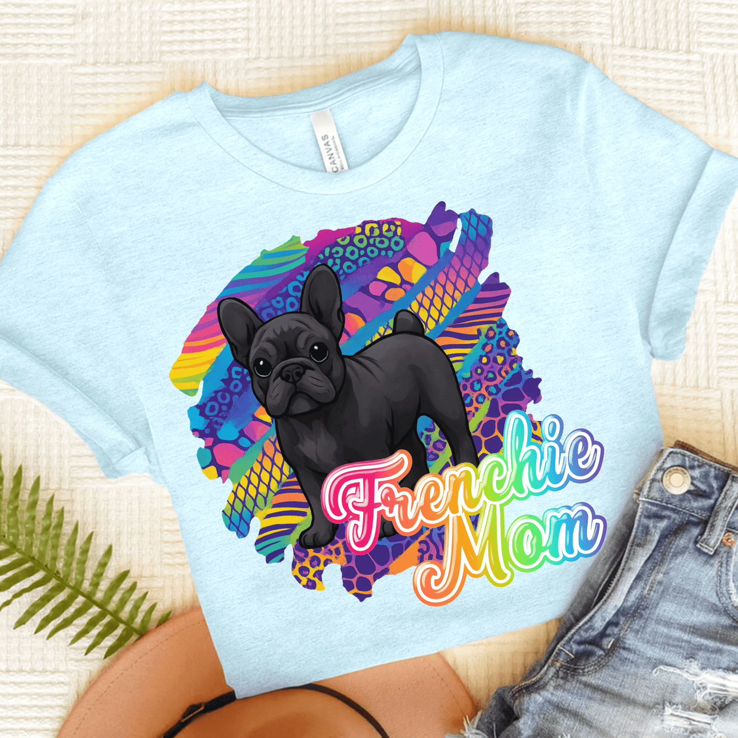 Black Frenchie Retro Neon Tshirt Heather Ice Blue