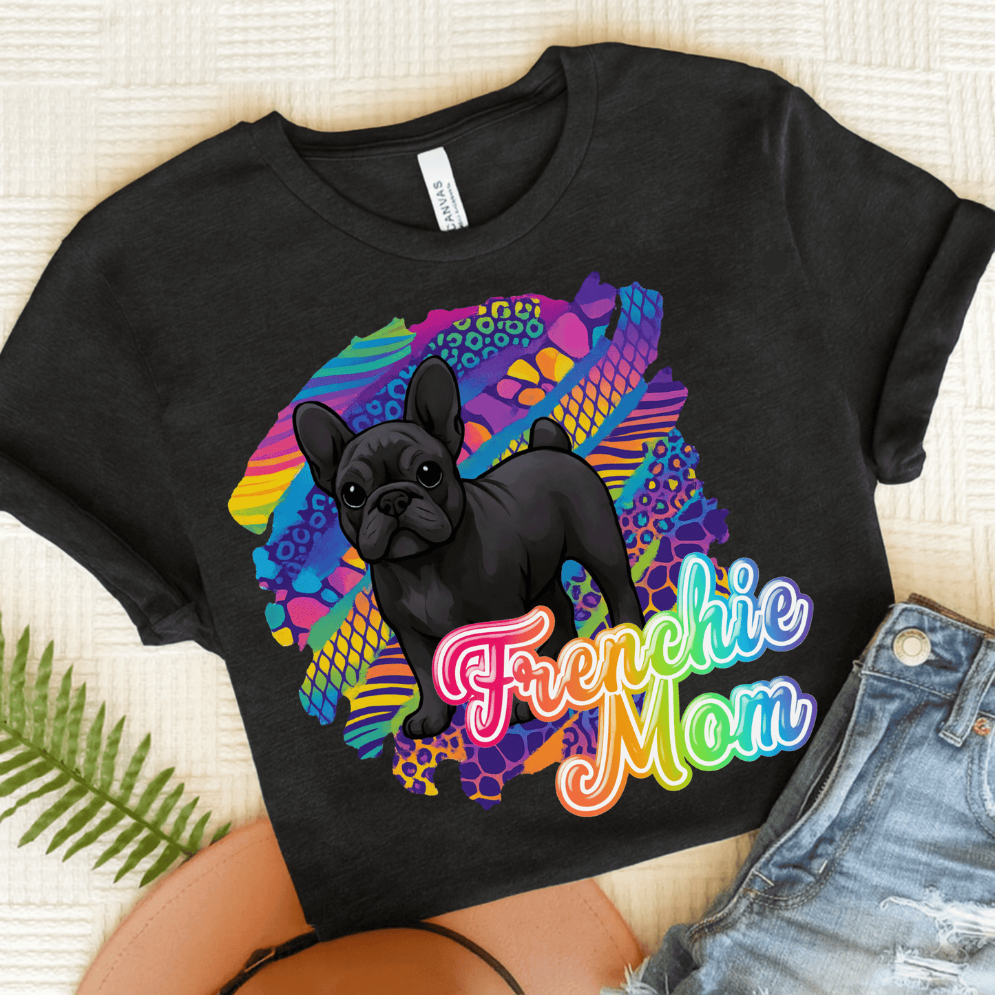 Black Frenchie Retro Neon Tshirt Dark Grey Heather