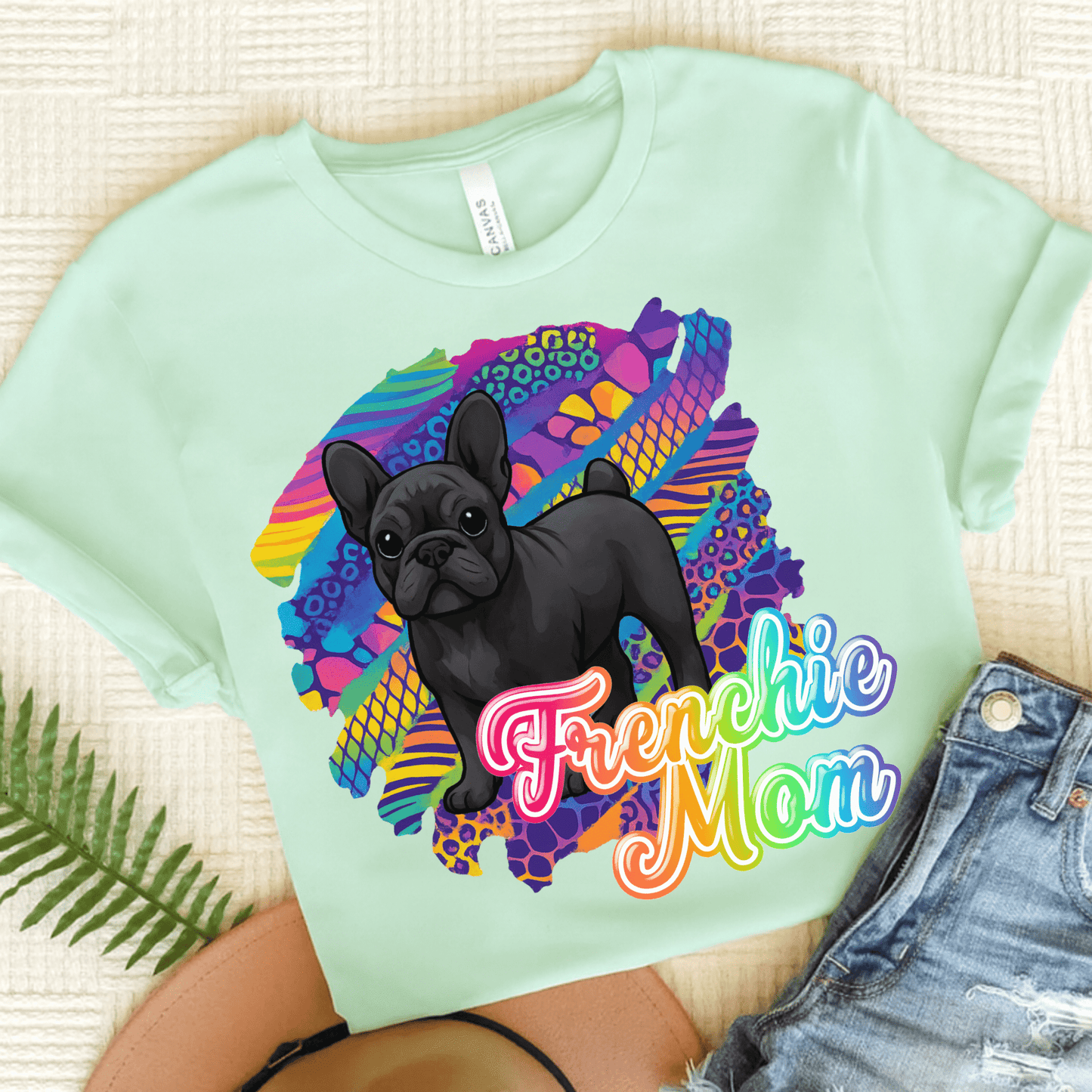 Black Frenchie Retro Neon Tshirt Heather Mint